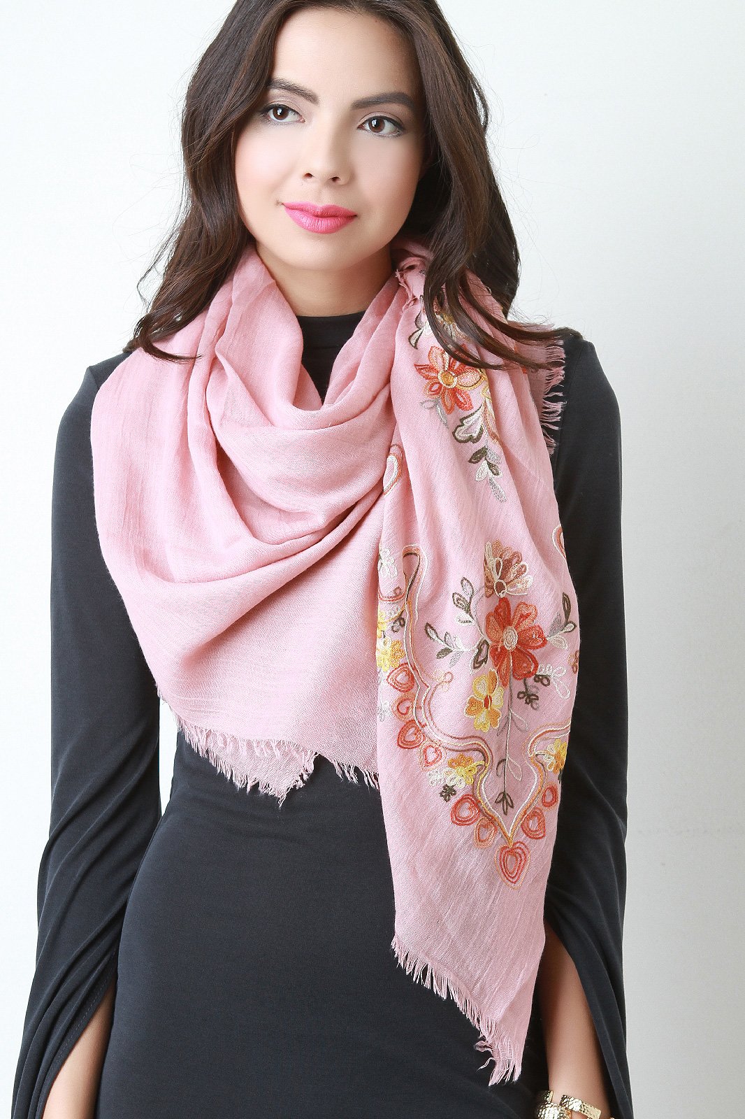 Floral Embroidered Frayed Scarf - NoveltyOne