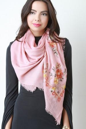 Floral Embroidered Frayed Scarf - NoveltyOne