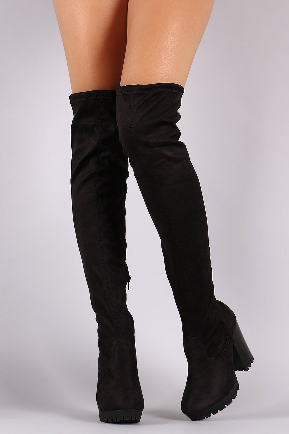 Fitted Suede Over The Knee Lug Sole Platform Boots - NoveltyOne