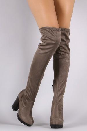 Fitted Suede Over The Knee Lug Sole Platform Boots - NoveltyOne