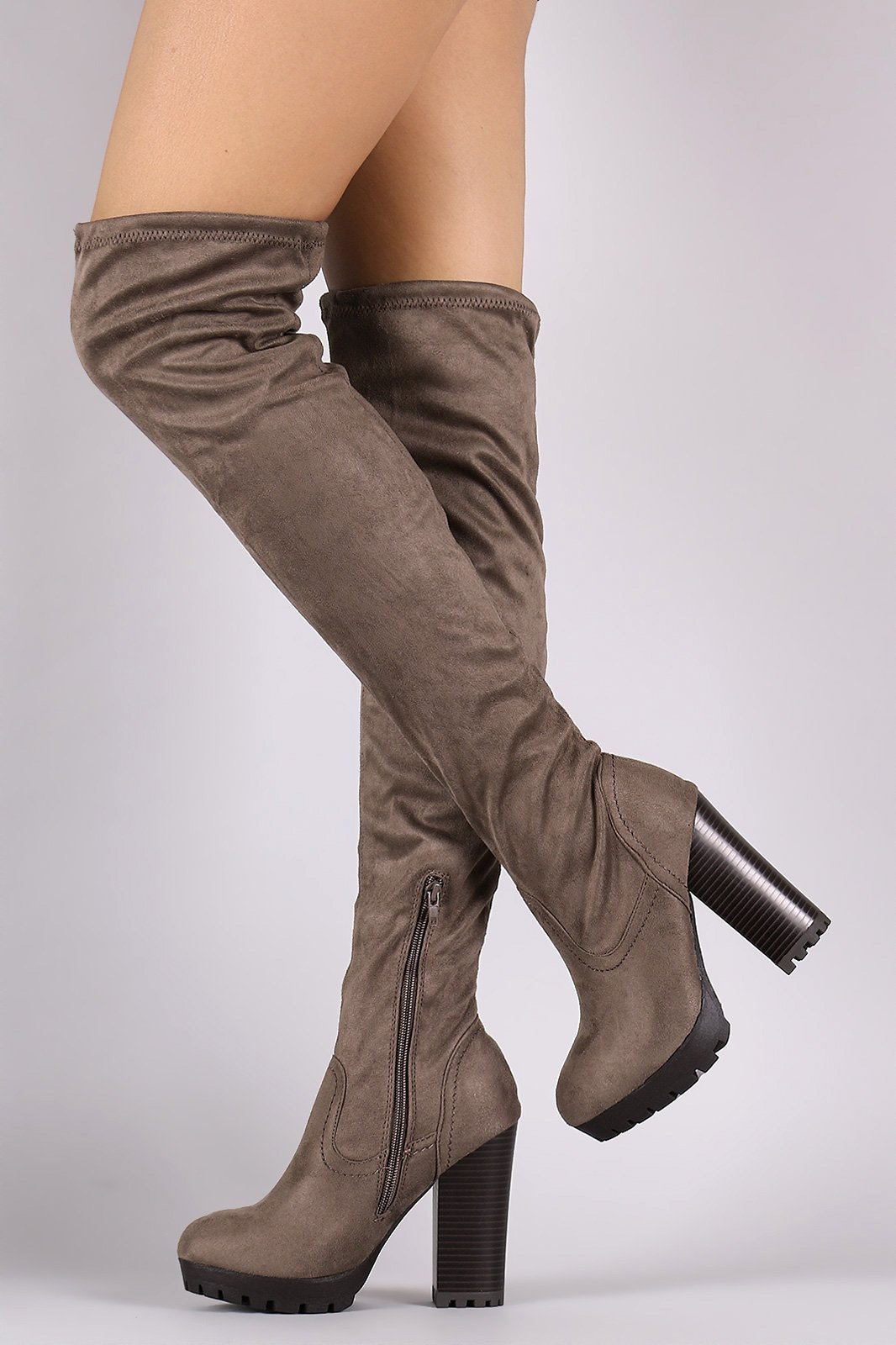 Fitted Suede Over The Knee Lug Sole Platform Boots - NoveltyOne