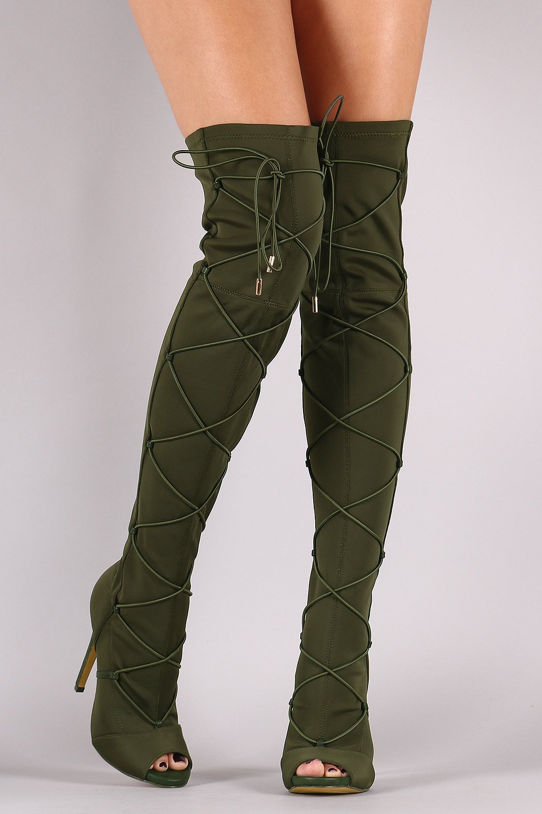 Liliana Elastane Fitted OTK Peep Toe Stiletto Boots