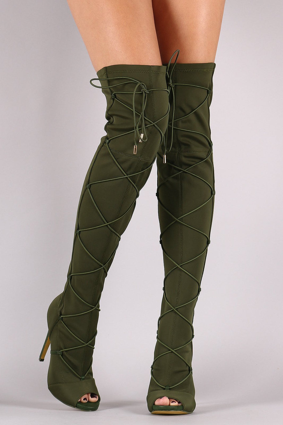 Liliana Elastane Fitted OTK Peep Toe Stiletto Boots