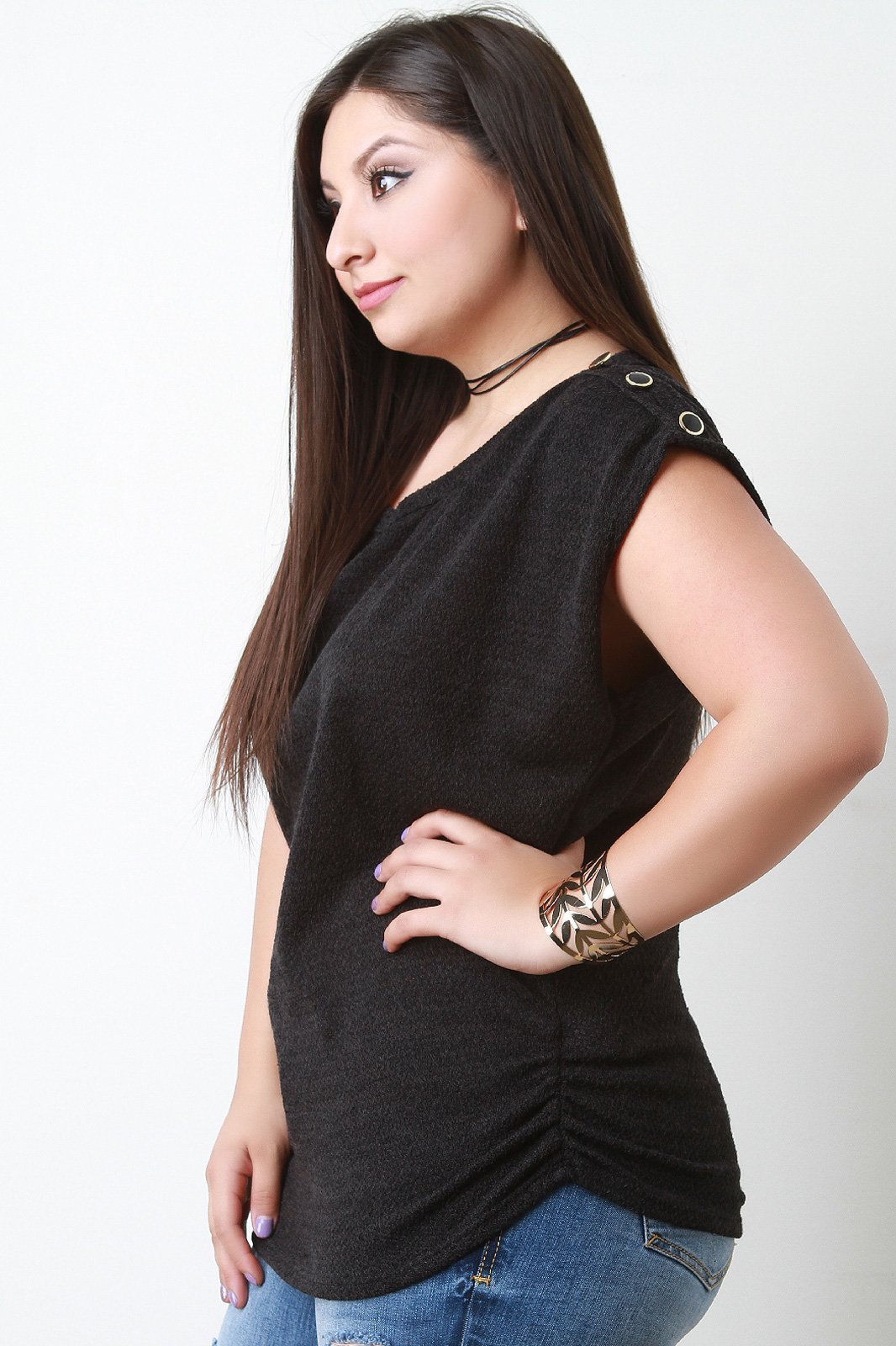 Ruched Soft Knit Button Shoulder Top