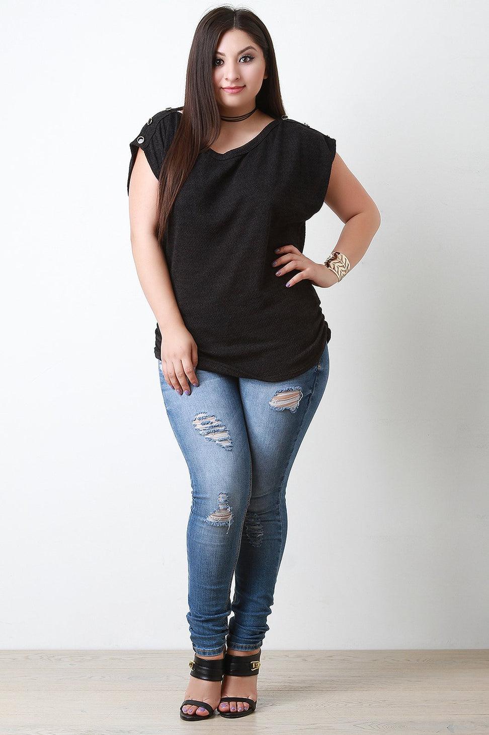 Ruched Soft Knit Button Shoulder Top