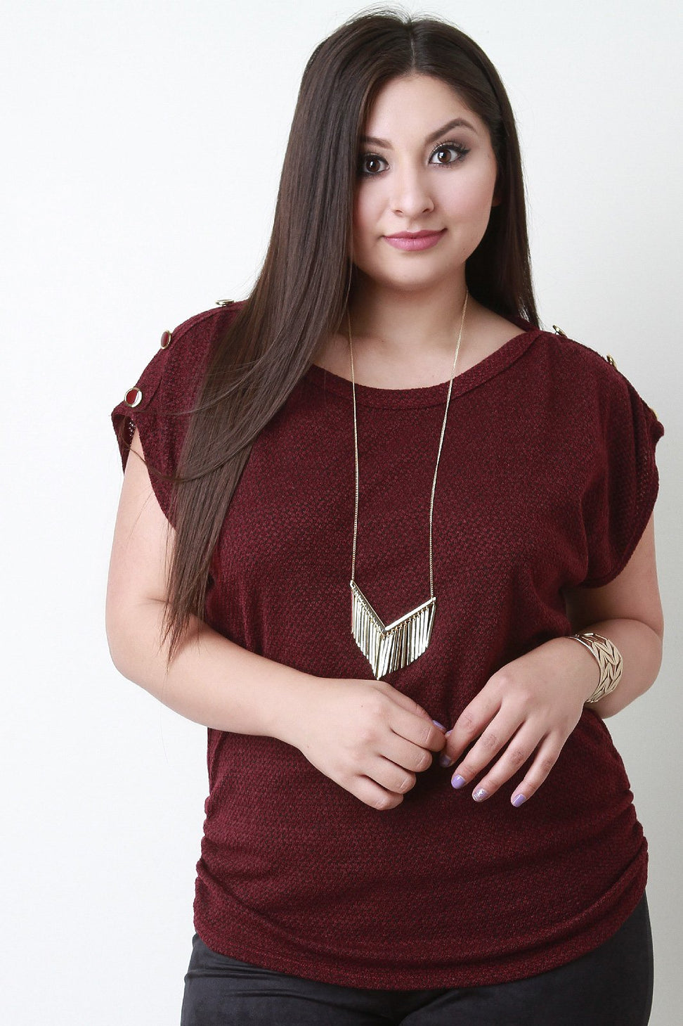 Ruched Soft Knit Button Shoulder Top