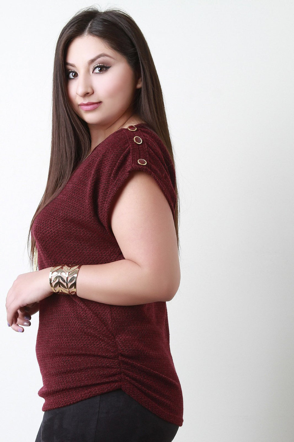 Ruched Soft Knit Button Shoulder Top