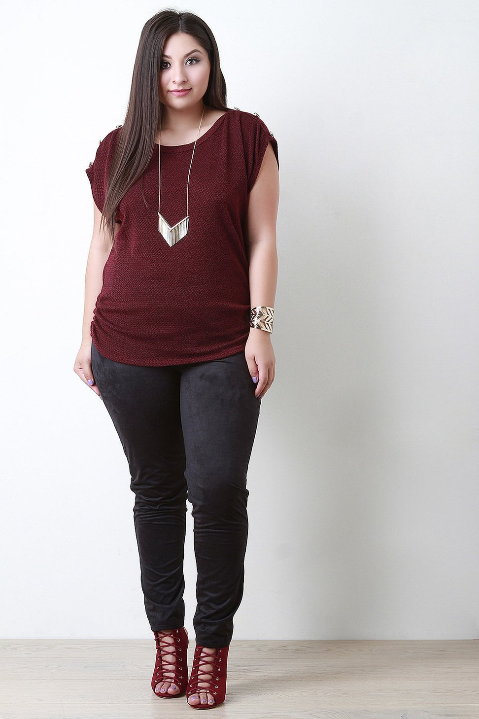 Ruched Soft Knit Button Shoulder Top