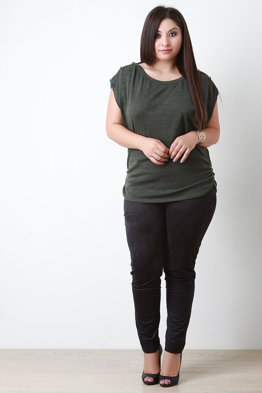 Ruched Soft Knit Button Shoulder Top