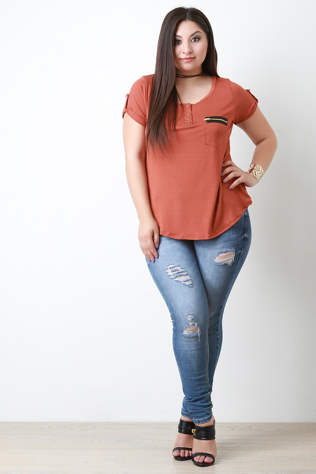 Zipper Pocket Scoop Neck Top