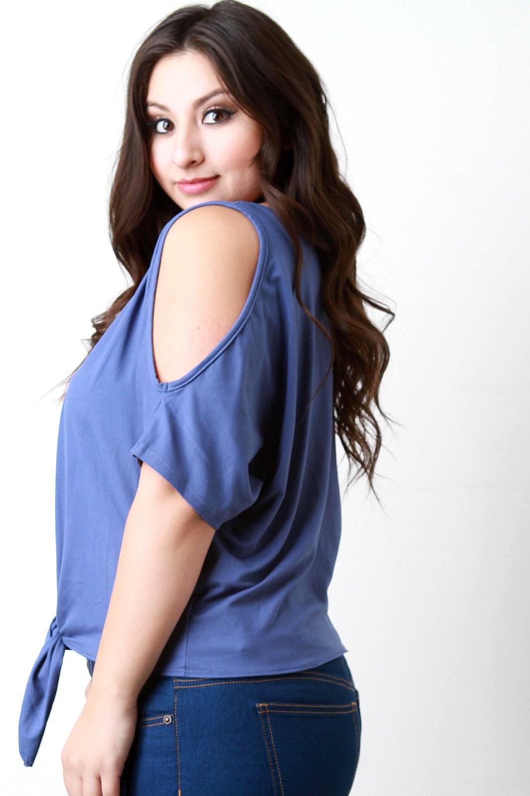 Cold Shoulder Self-Tie Hem Choker Necklace Cropped Top