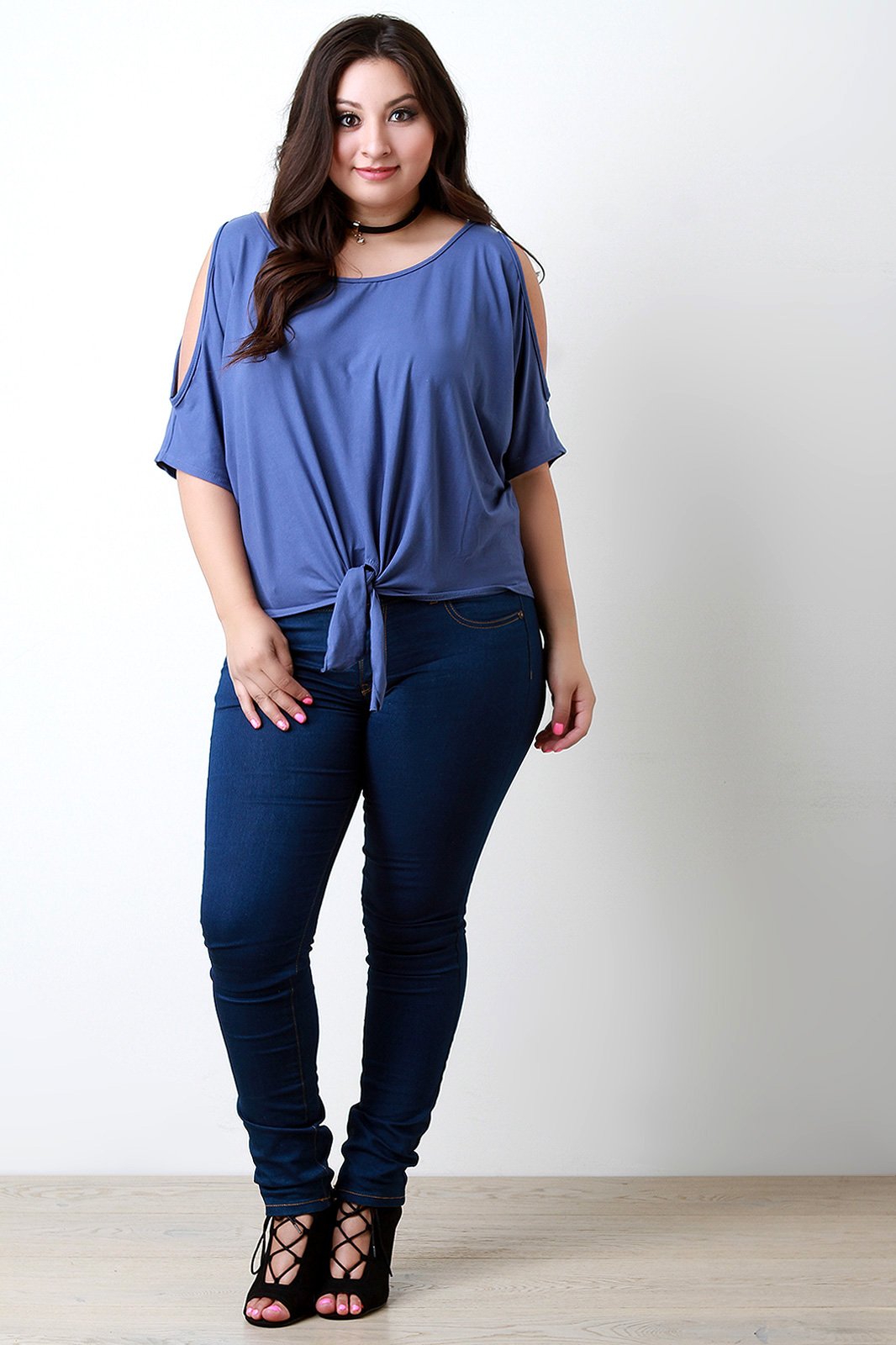 Cold Shoulder Self-Tie Hem Choker Necklace Cropped Top