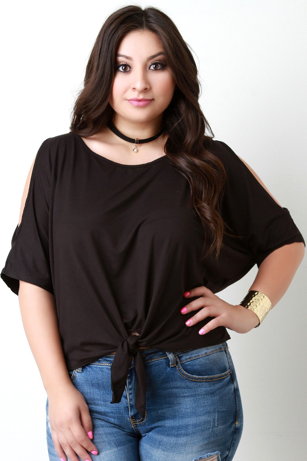 Cold Shoulder Self-Tie Hem Choker Necklace Cropped Top