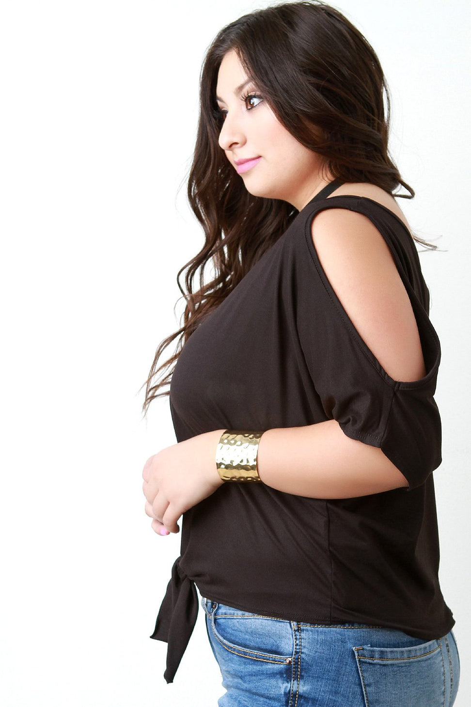 Cold Shoulder Self-Tie Hem Choker Necklace Cropped Top