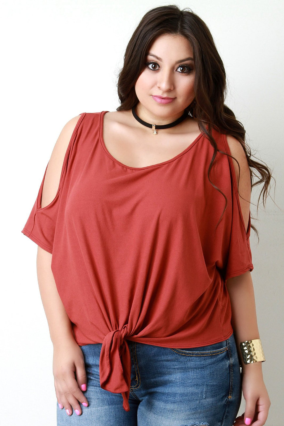 Cold Shoulder Self-Tie Hem Choker Necklace Cropped Top