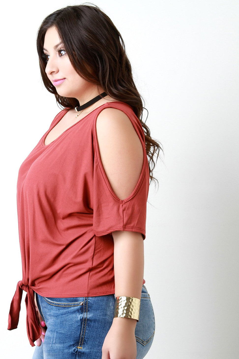 Cold Shoulder Self-Tie Hem Choker Necklace Cropped Top