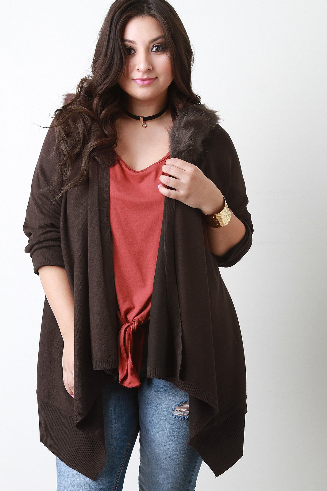 Detachable Faux Fur Collar Cardigan - NoveltyOne