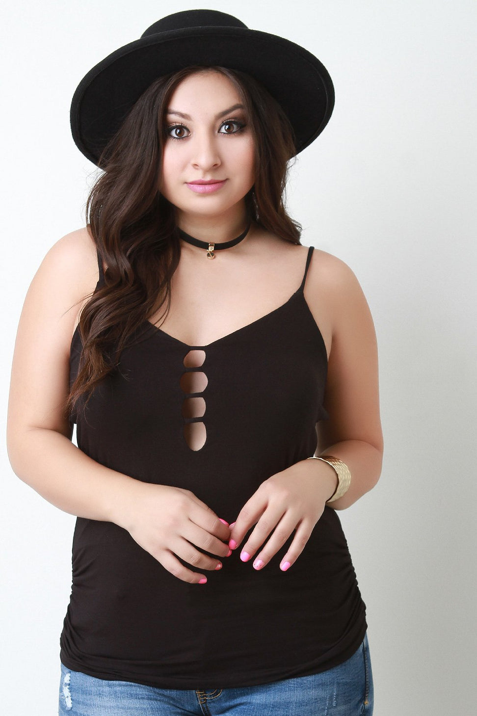 V Neck Banded Keyhole Spaghetti Strap Top