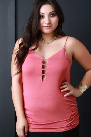 V Neck Banded Keyhole Spaghetti Strap Top