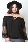 Off The Shoulder Embroidered Mesh Sleeve Peasant Top