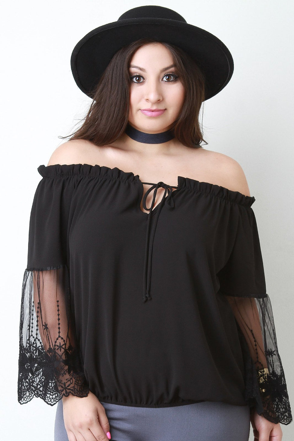 Off The Shoulder Embroidered Mesh Sleeve Peasant Top