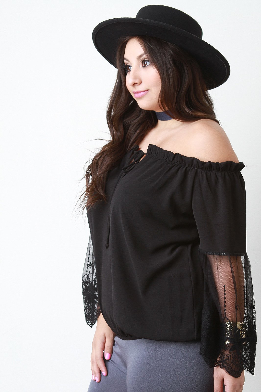 Off The Shoulder Embroidered Mesh Sleeve Peasant Top