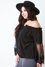 Off The Shoulder Embroidered Mesh Sleeve Peasant Top