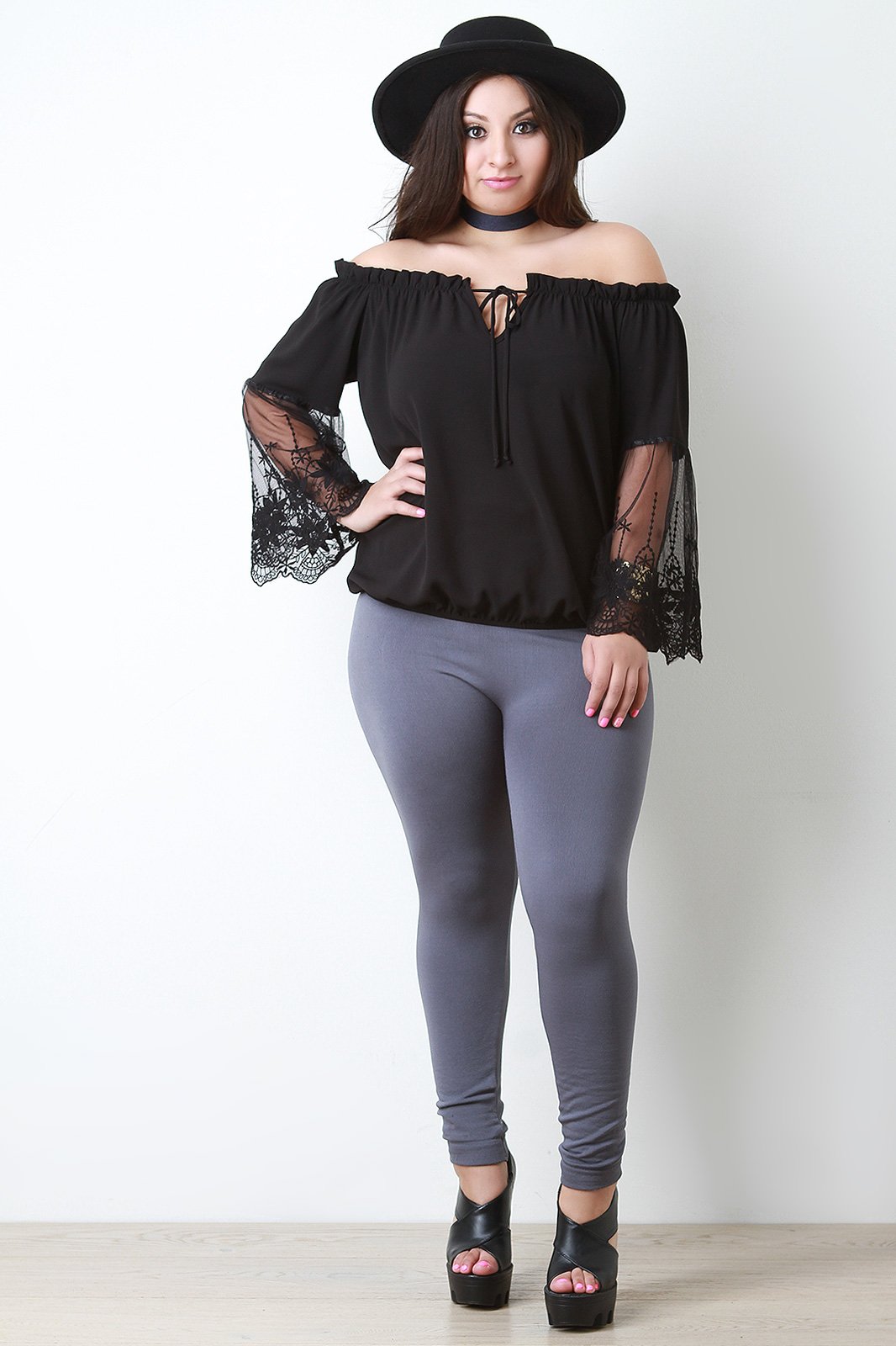 Off The Shoulder Embroidered Mesh Sleeve Peasant Top