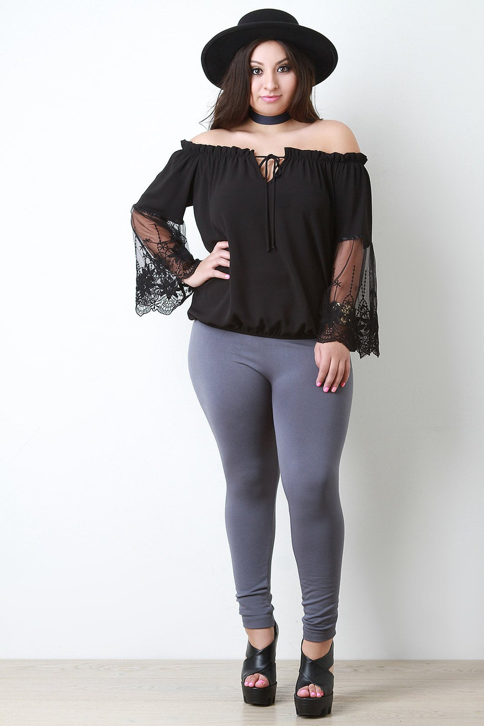 Off The Shoulder Embroidered Mesh Sleeve Peasant Top