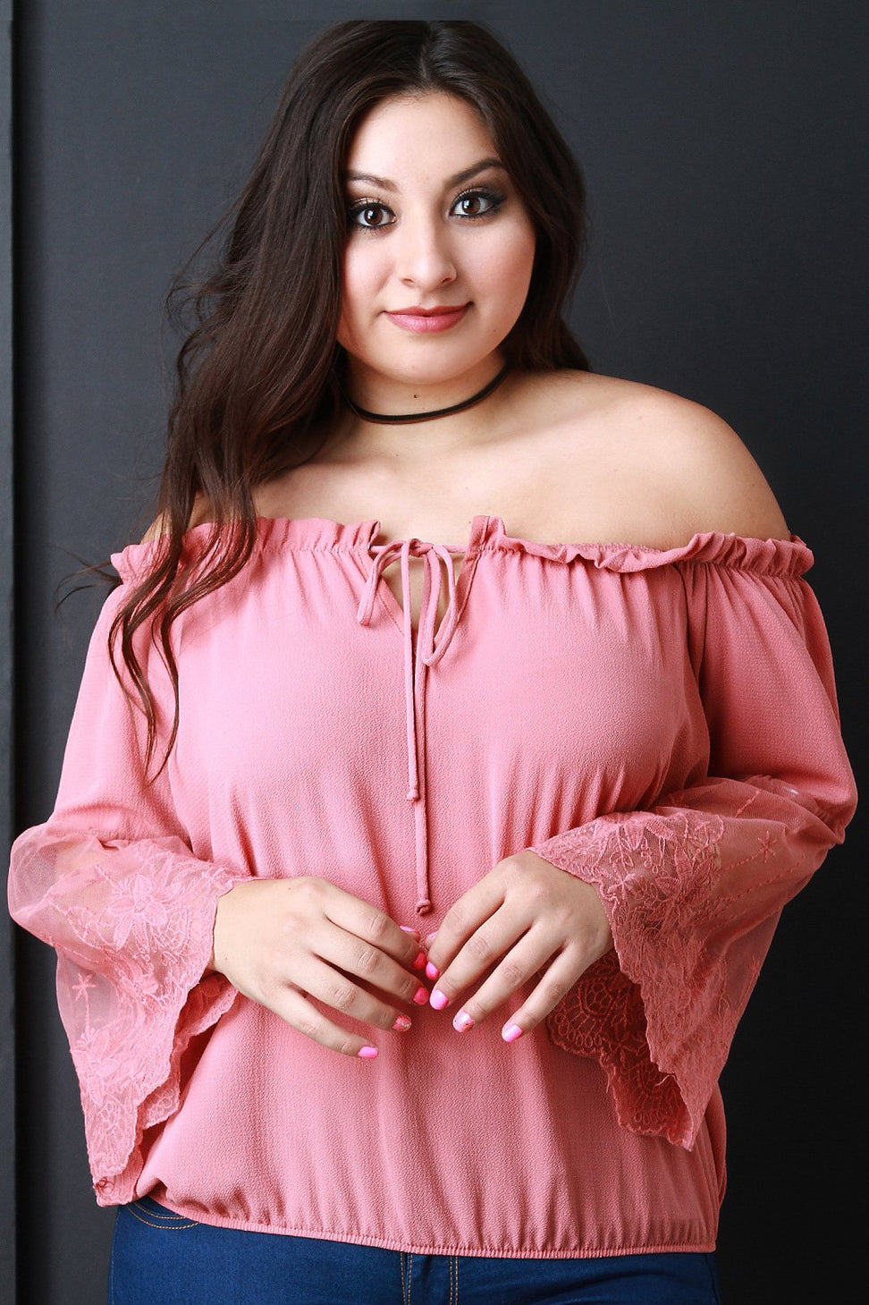 Off The Shoulder Embroidered Mesh Sleeve Peasant Top