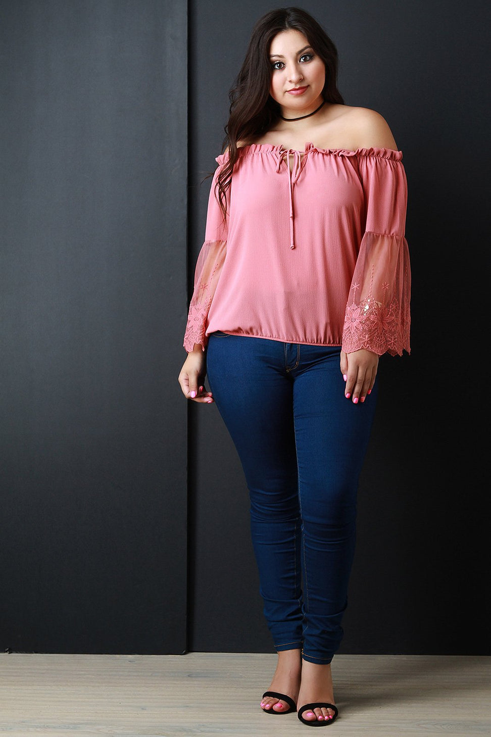 Off The Shoulder Embroidered Mesh Sleeve Peasant Top