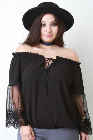 Off The Shoulder Embroidered Mesh Sleeve Peasant Top