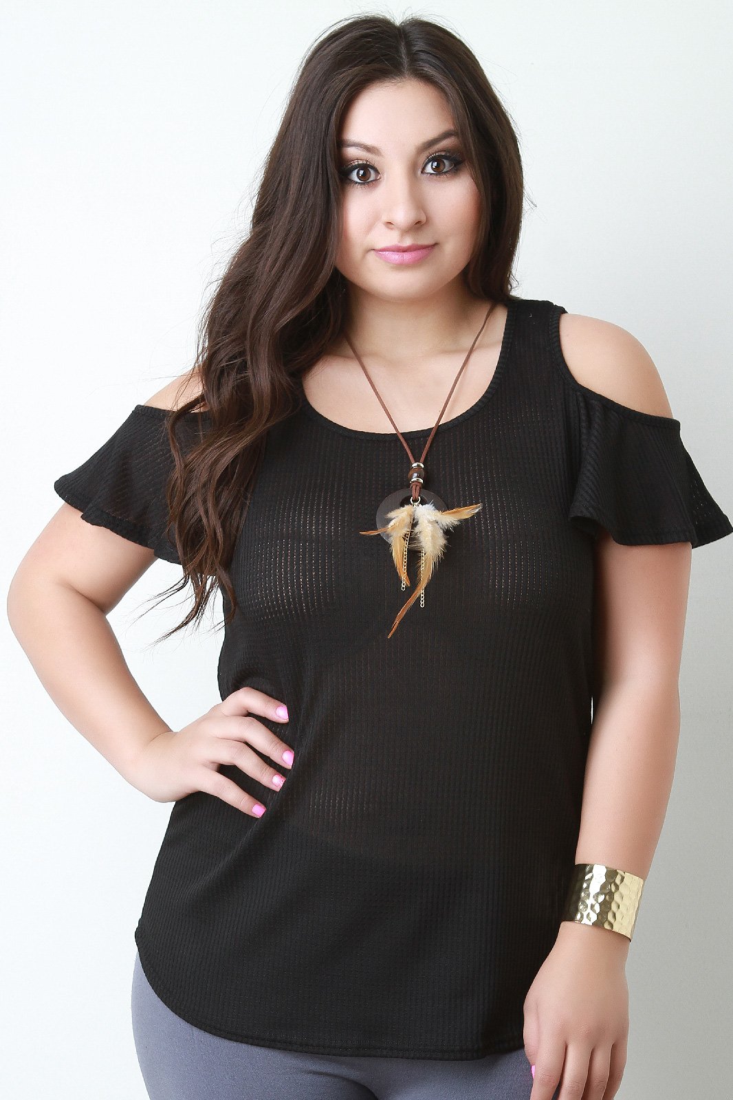 Semi Sheer Rib Knit Cold Shoulder Tee