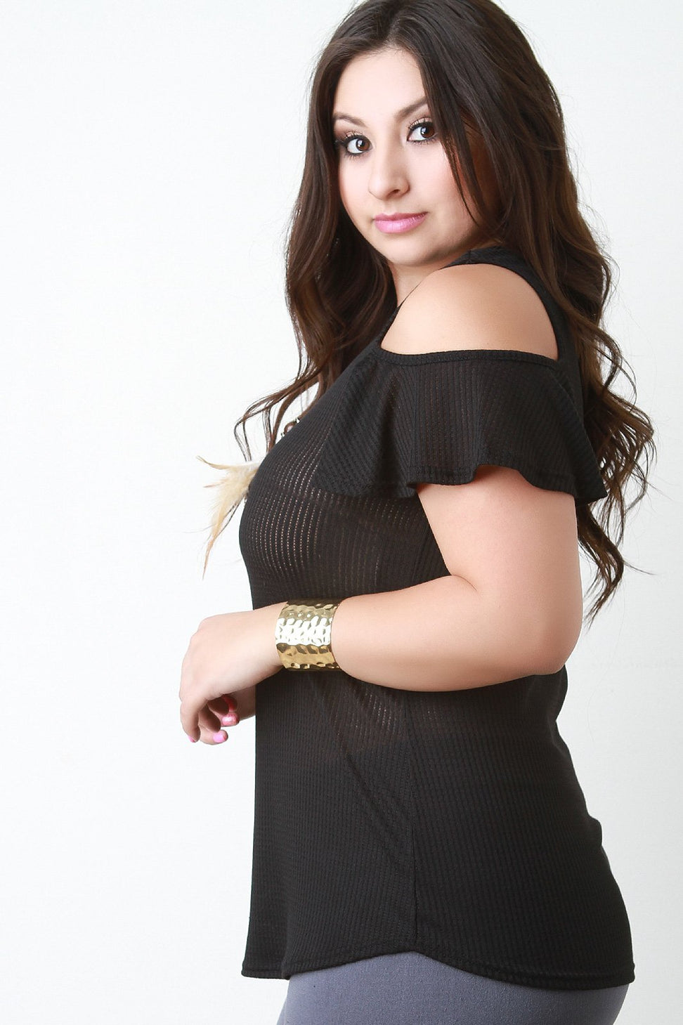 Semi Sheer Rib Knit Cold Shoulder Tee