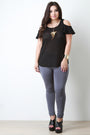 Semi Sheer Rib Knit Cold Shoulder Tee