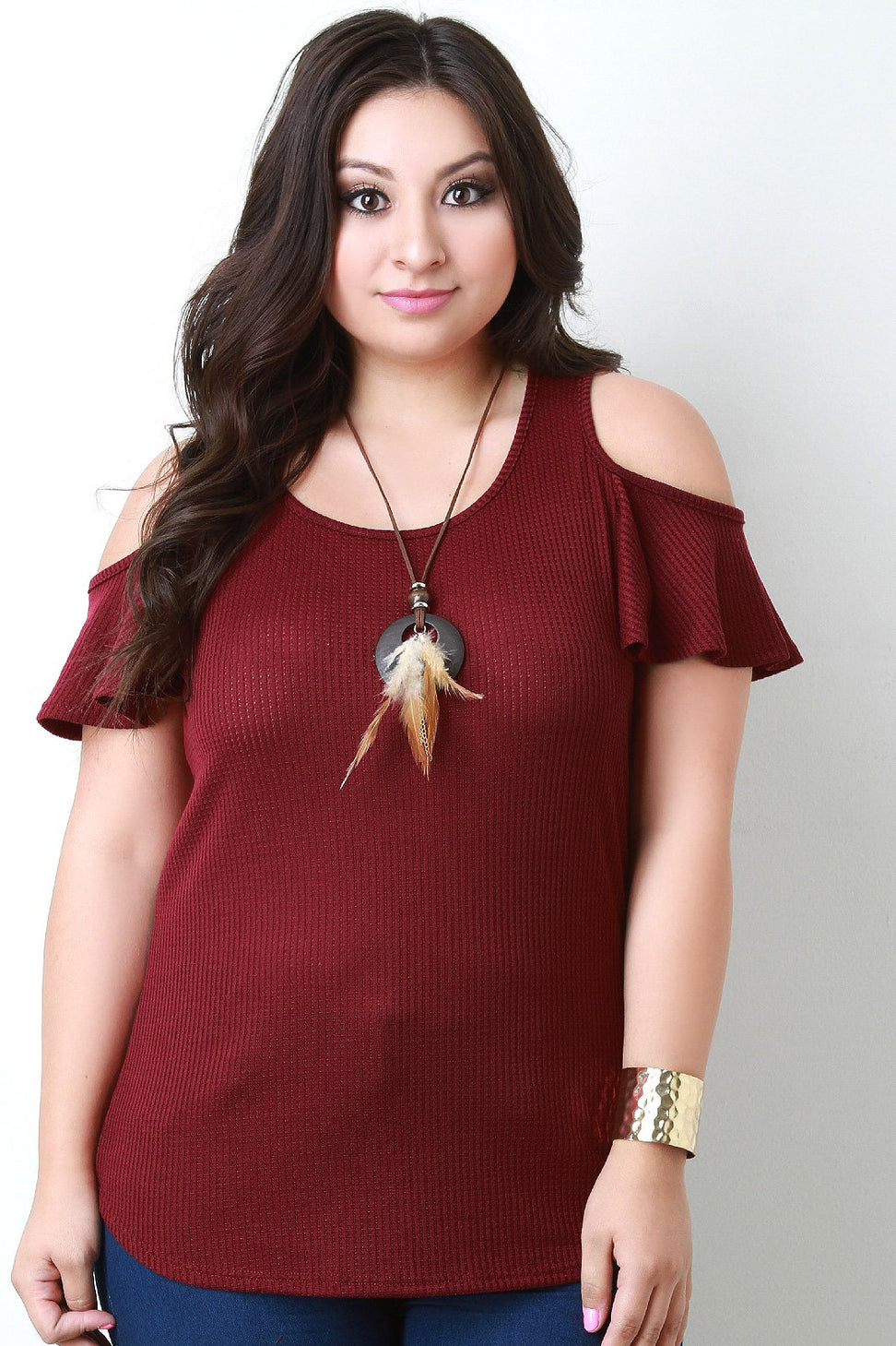 Semi Sheer Rib Knit Cold Shoulder Tee