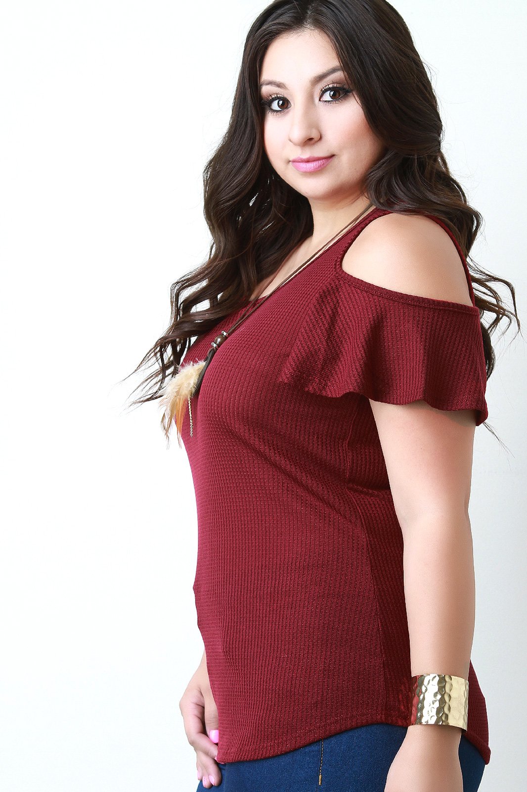 Semi Sheer Rib Knit Cold Shoulder Tee