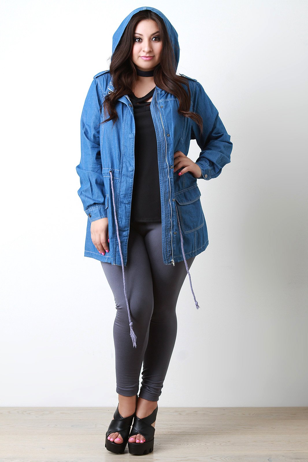 Hooded Drawstring Waist Jacket