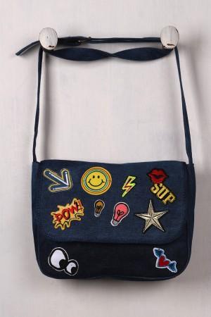 Graphic Patch Denim Messenger Bag