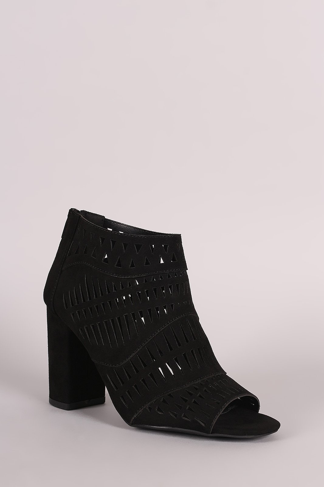 Qupid Suede Geo Cutout Patchwork Chunky Heeled Booties