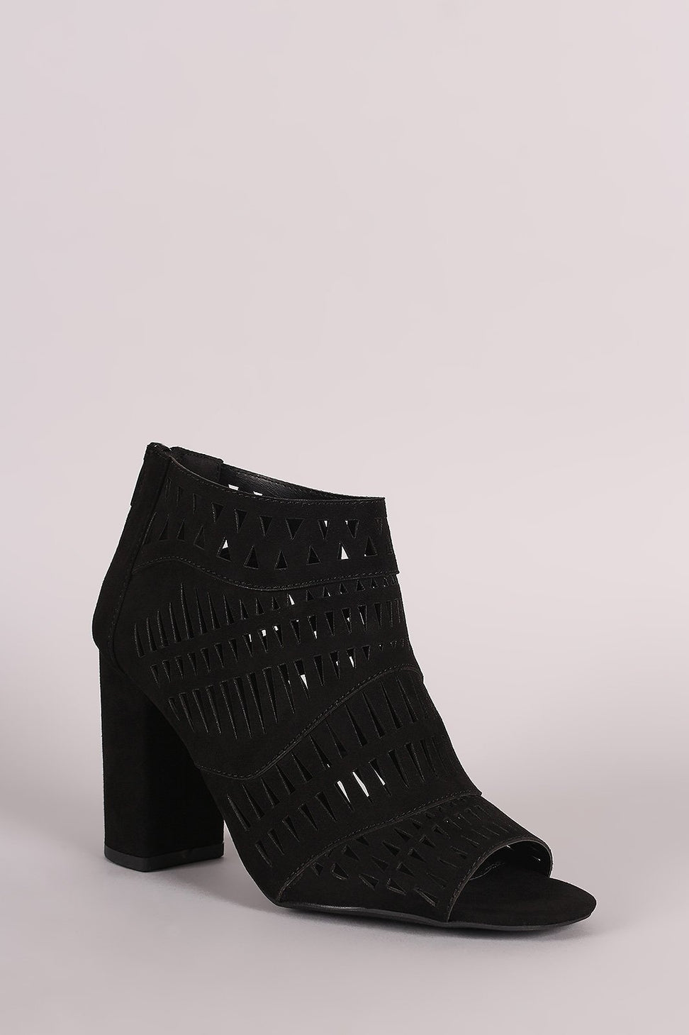 Qupid Suede Geo Cutout Patchwork Chunky Heeled Booties
