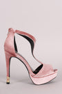 Qupid Velvet T-Strap Peep Toe Platform Caged Accent Heel