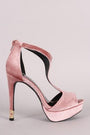 Qupid Velvet T-Strap Peep Toe Platform Caged Accent Heel