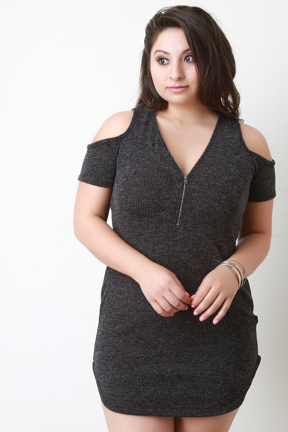Zipper Neckline Cold Shoulder Sweater Dress