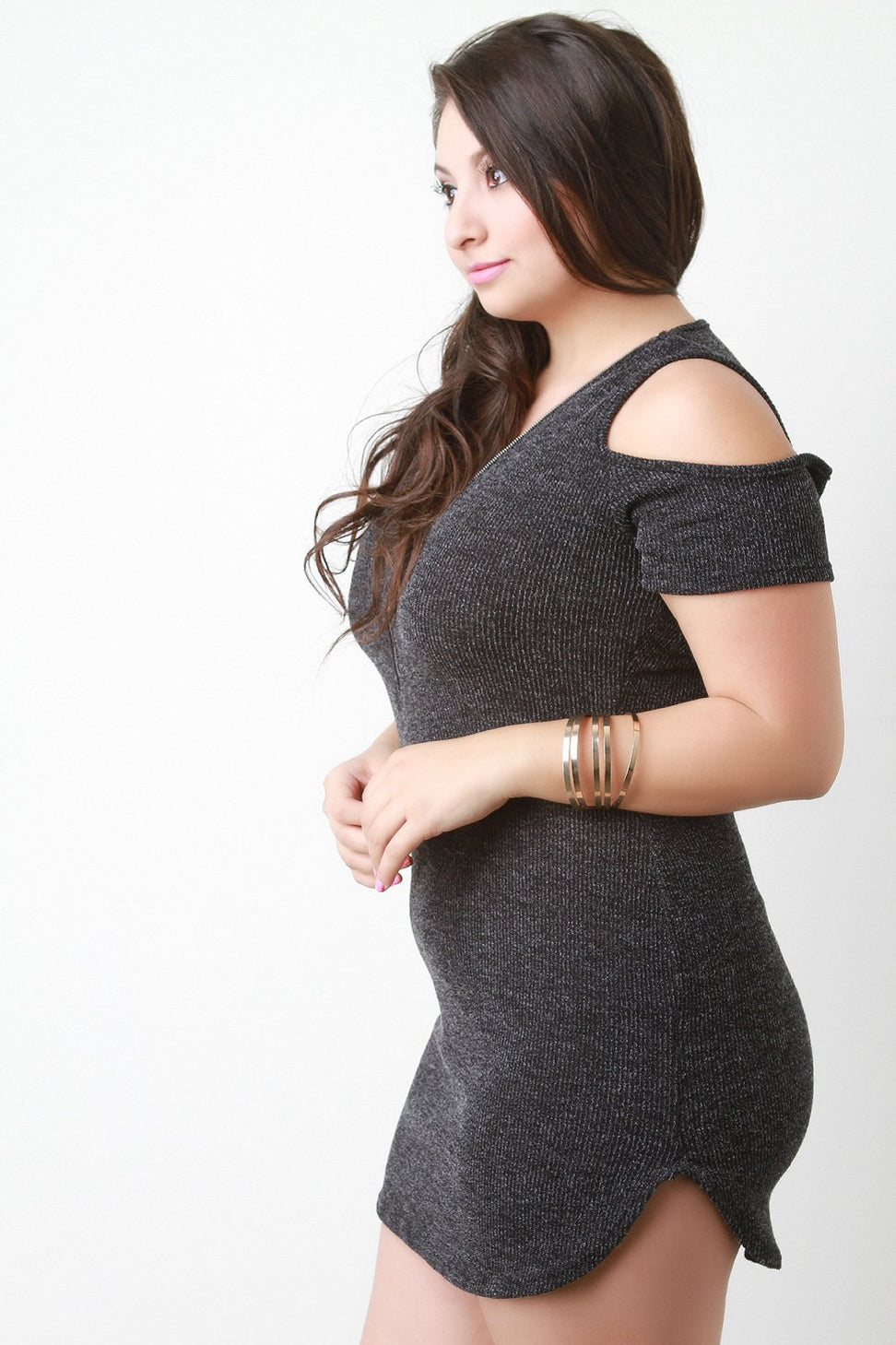 Zipper Neckline Cold Shoulder Sweater Dress