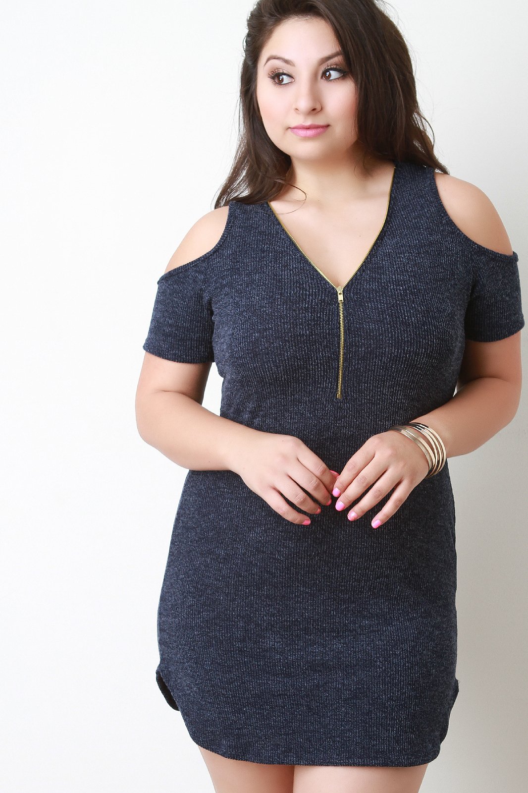Zipper Neckline Cold Shoulder Sweater Dress