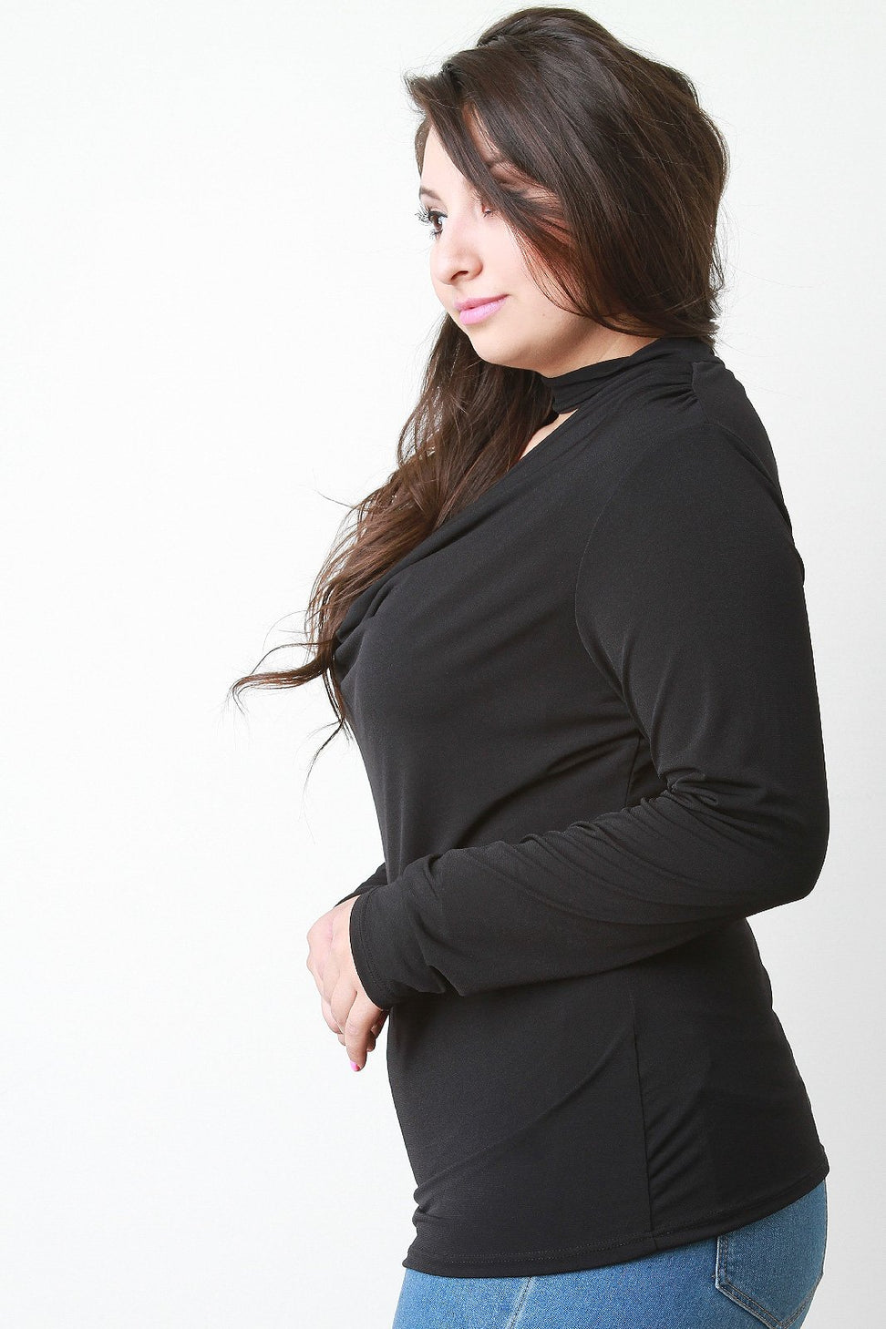 Mock Neck Draped Keyhole Long Sleeve Top - NoveltyOne