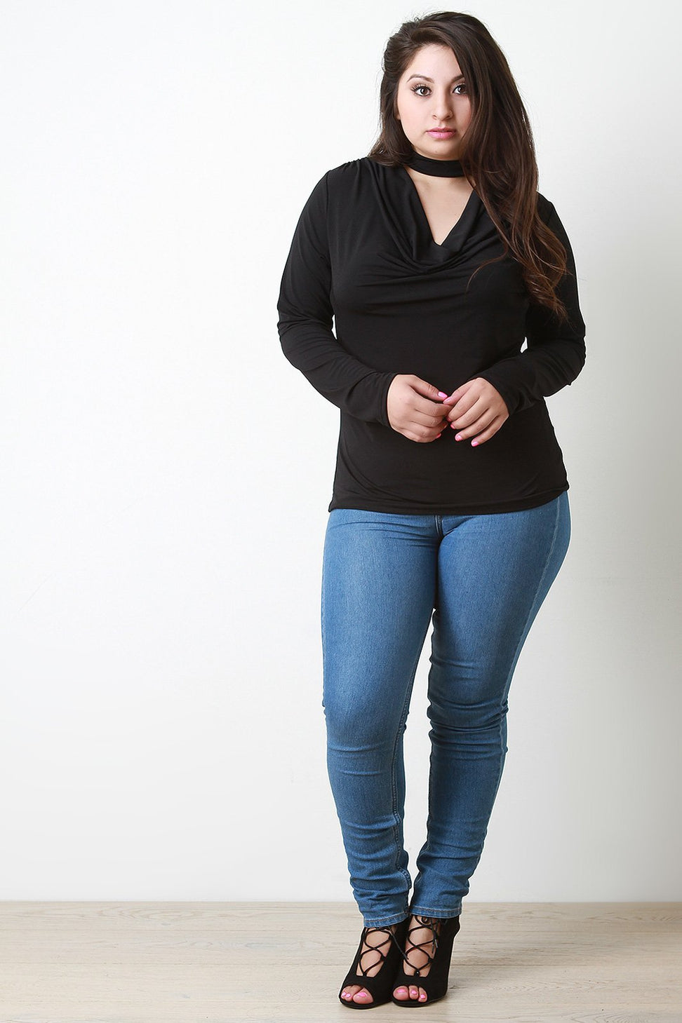 Mock Neck Draped Keyhole Long Sleeve Top - NoveltyOne