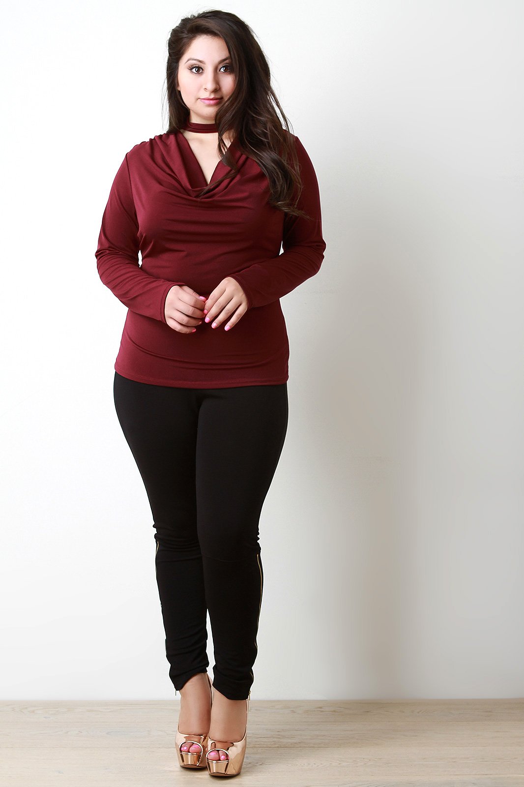 Mock Neck Draped Keyhole Long Sleeve Top - NoveltyOne