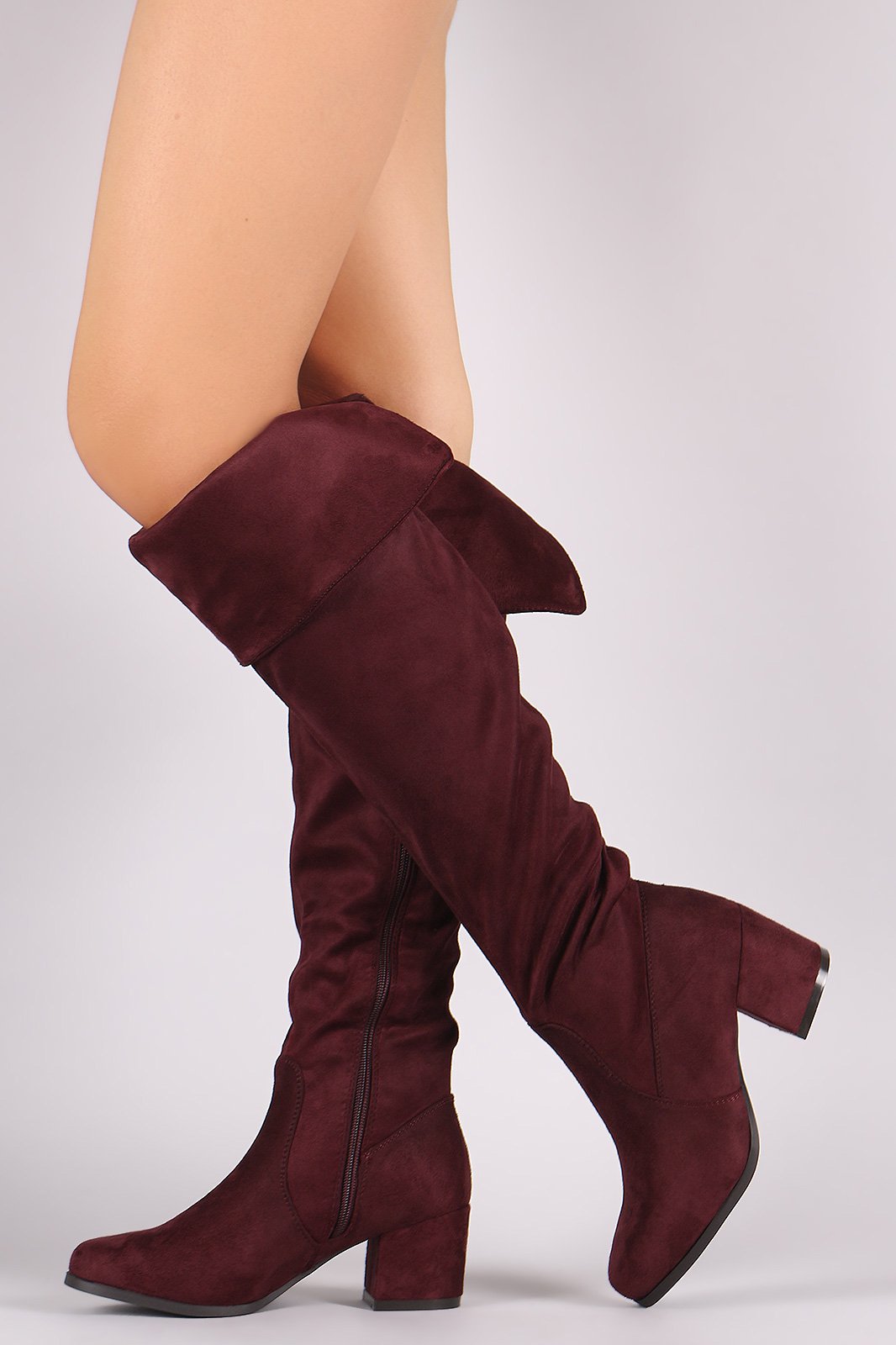 Suede Cuff Back-Slit Block Heeled Over-The-Knee Boots